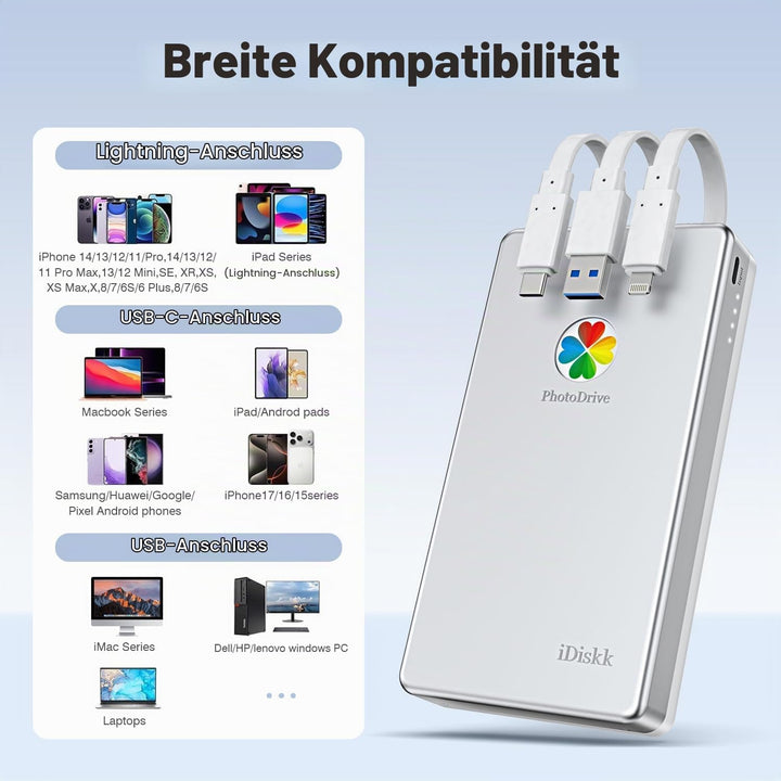 iDiskk 500 GB MFi-zertifizierte tragbare 3-in-1-Festplatte, mit 3 integrierten Kabeln, zur Datensich