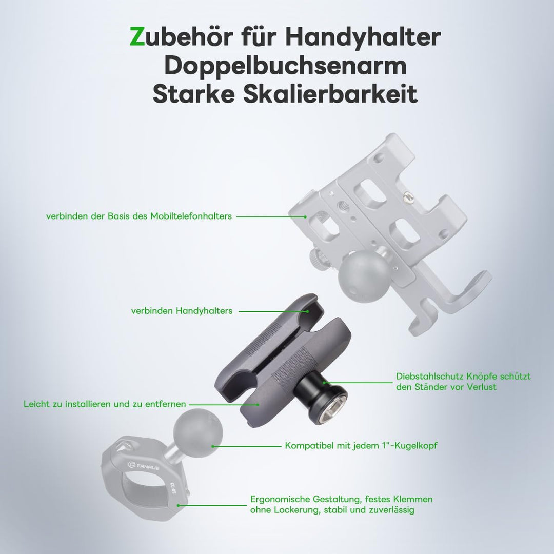 FANAUE Doppelbuchsenarm Kompatibel mit RAM Mounts 1" Ball und Motorrad Fahrrad Telefonhalter, passt