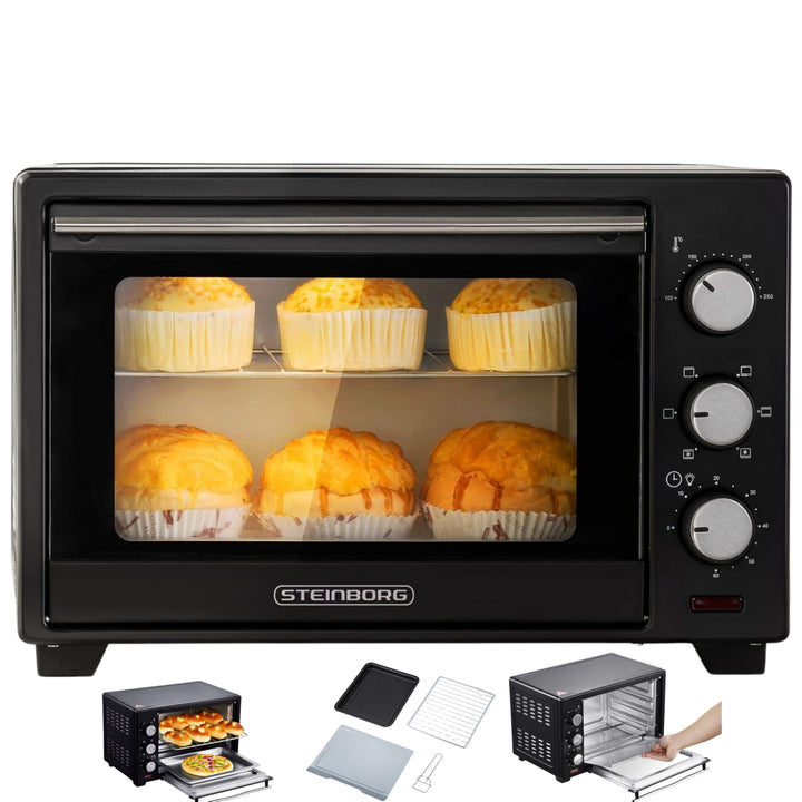 Steinborg® 25 Liter Mini Backofen mit Umluft Pizza Ofen inkl. Backblech und Grillrost Miniofen 60 Mi
