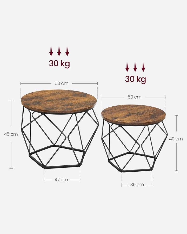 VASAGLE Couchtisch rund, 2er Set, Wohnzimmertisch, Beistelltisch, Vintage-Flair, abnehmbare Tischpla
