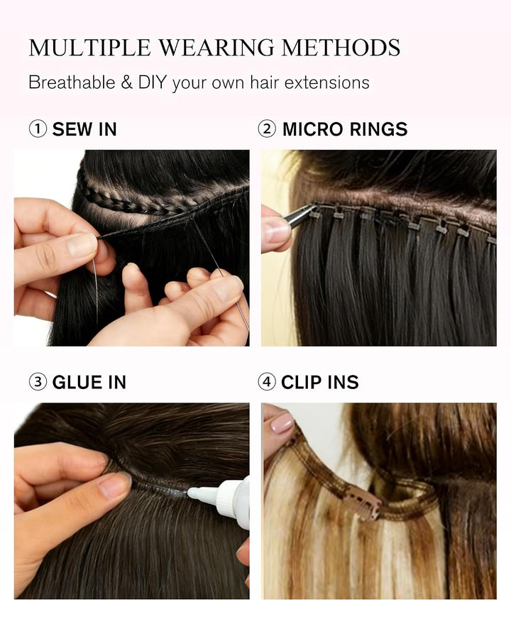 YoungSee Echthaar Extensions Tressen Braun Tressen Echthaar zum Einnähen Haartressen Dunkelbraun Haa