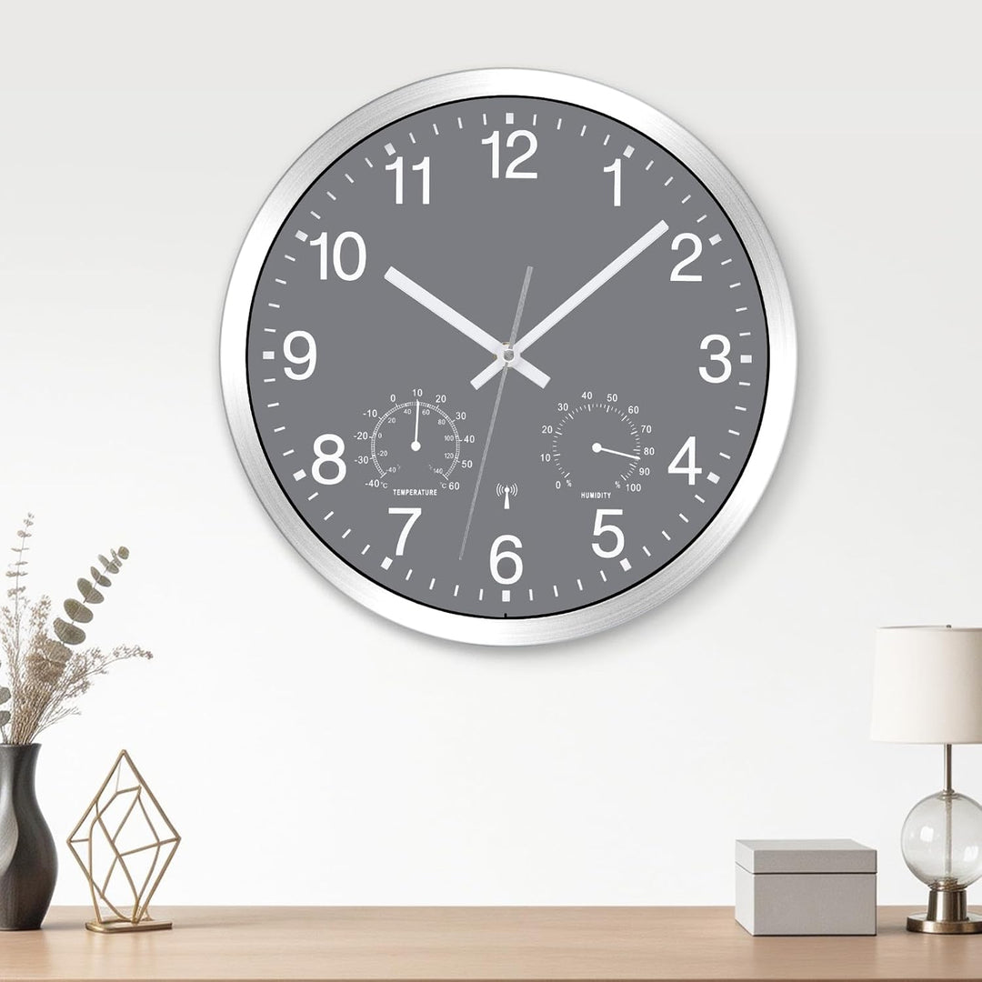 Wanduhr Funk Uhr mit Temperaturanzeige und Feuchtigkeitsmesser Funkuhr Wanduhr Lautlos Wand Ohne Tic