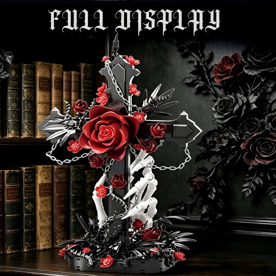 Gothic Kreuz Rote Rose Baukasten, 720PCS Skeletthand Sammelbares Blumenstein-Modell, Dunkle Botanisc