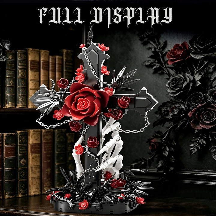 Gothic Kreuz Rote Rose Baukasten, 720PCS Skeletthand Sammelbares Blumenstein-Modell, Dunkle Botanisc