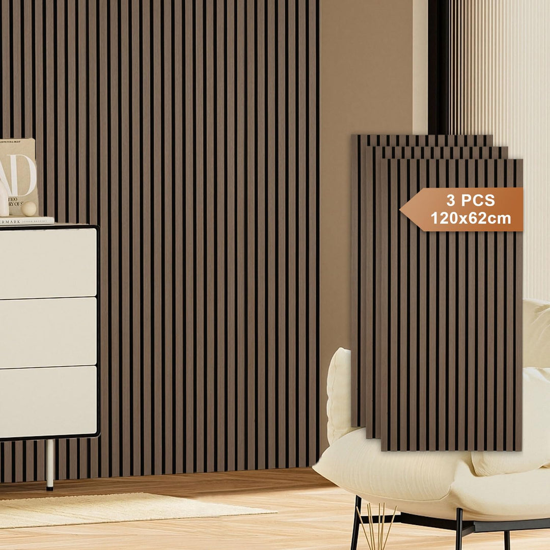 3X Akustikpaneele Holz 120x60cm Wandpaneele aus Holzfunier und Filz,Holzpaneele Walnussfarbe,Wandver