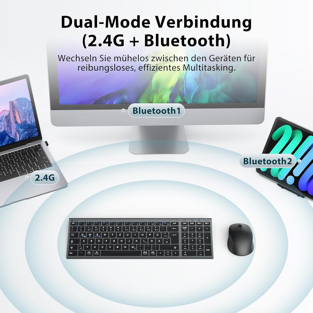iClever Bluetooth Tastatur mit Maus, Tastatur Maus Set Kabellos,Wiederaufladbare Dualmodus (Bluetoot