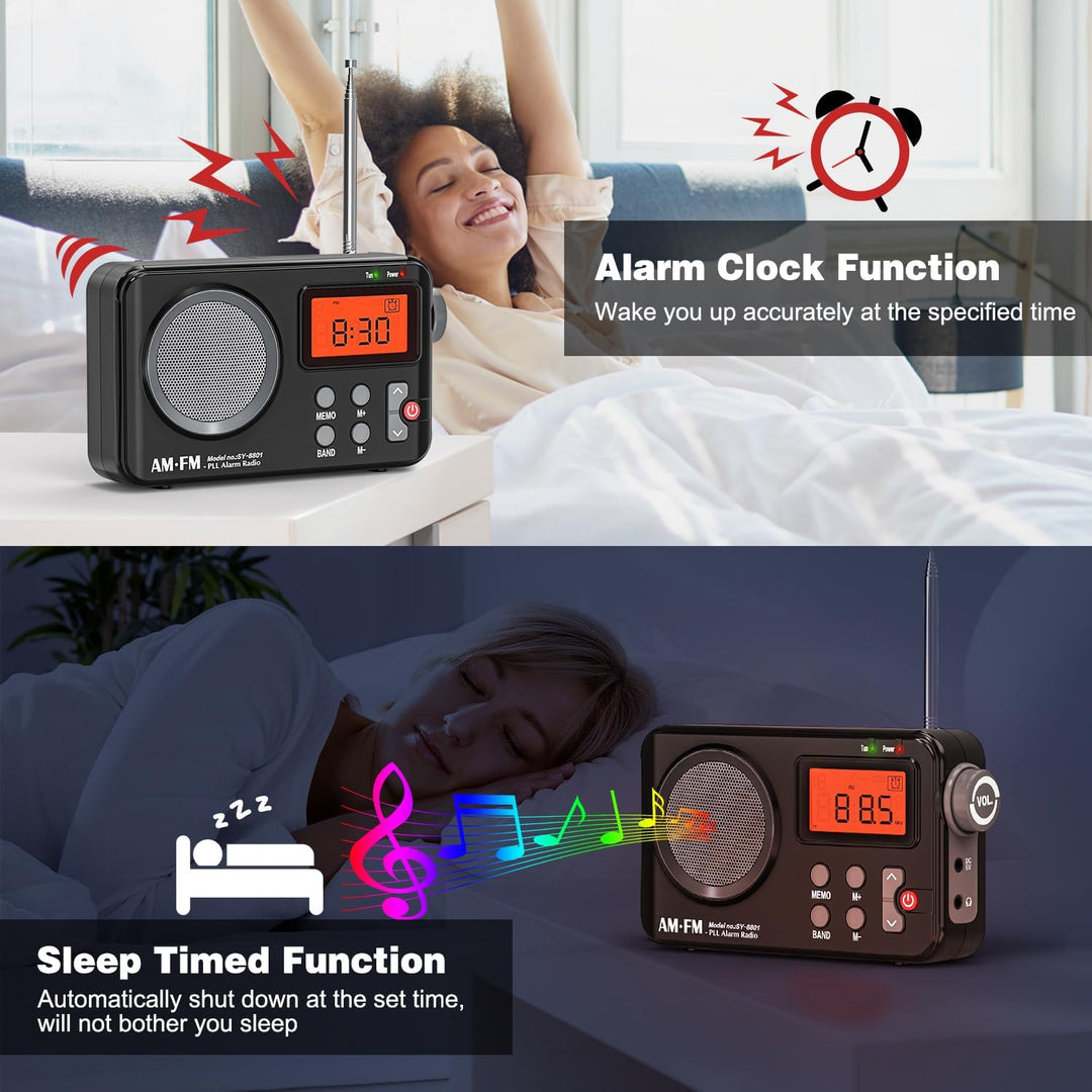 Tendak Radio Batteriebetrieben FM UKW AM, Radio Klein mit Grosses Display/Timing-Funktion/Wecker, Tr