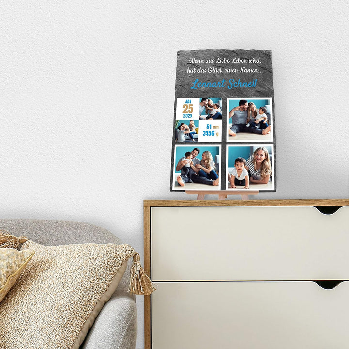 wandmotiv24 Schieferplatte mit eigenen Fotos zur Geburt, 20 x 30 cm, inklusive Staffelei, 5 Fotos +