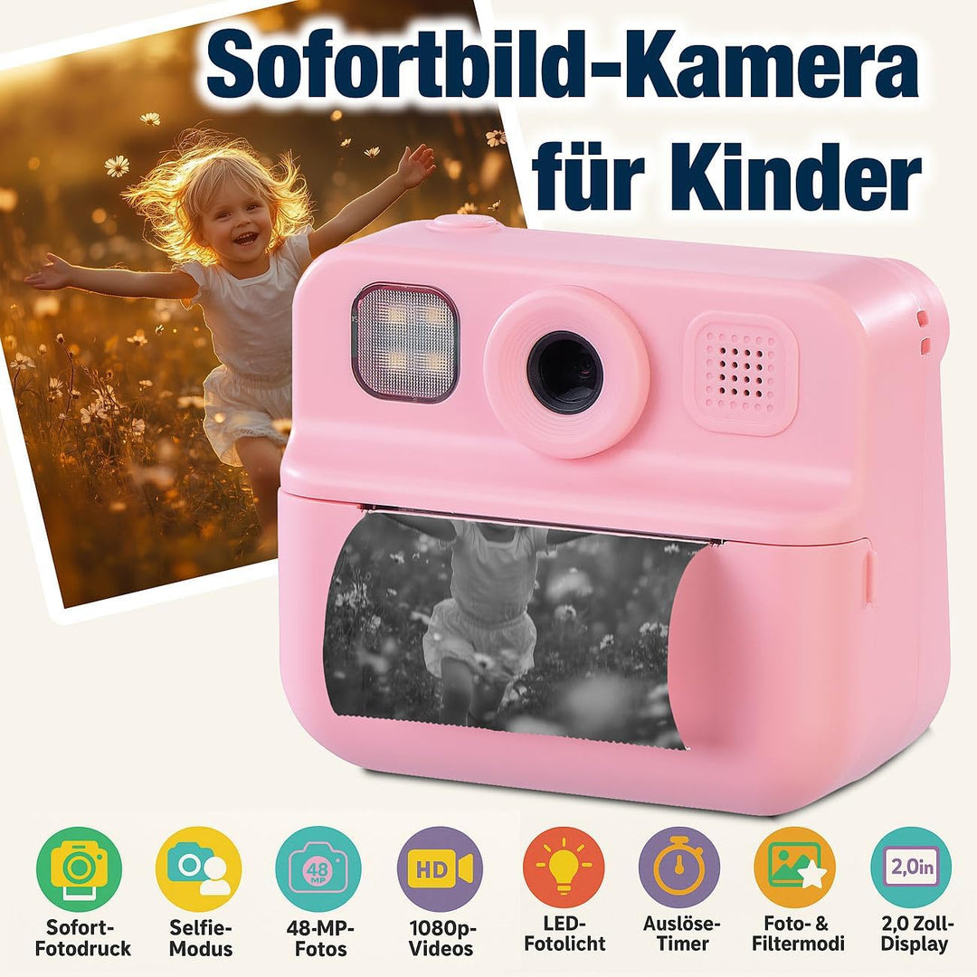 Sofortbildkamera: Kinder-Sofortbild-Kamera mit Selfie-Objektiv, 2"-Display, 48 MP, pink (Sofortbildk