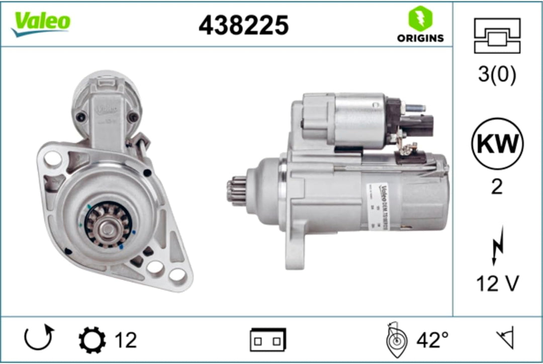 VALEO 438225 Starter Nennleistung: 2 kW Stop &amp; Start: NO Zähnezahl: 12 zähne Spannung: 12 V Drehrich