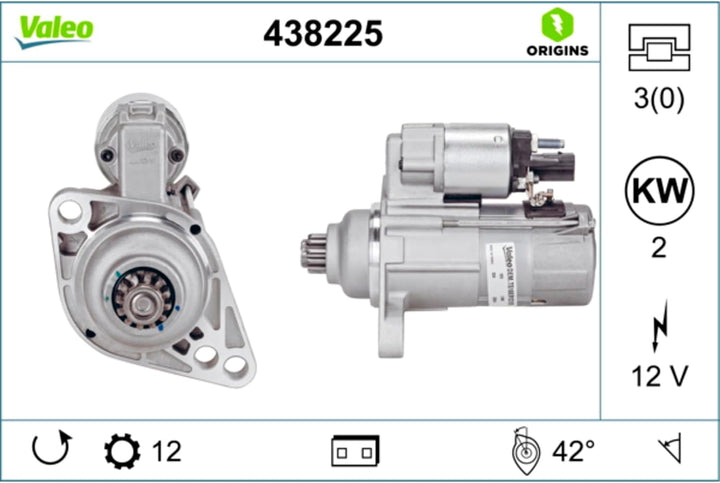 VALEO 438225 Starter Nennleistung: 2 kW Stop &amp; Start: NO Zähnezahl: 12 zähne Spannung: 12 V Drehrich