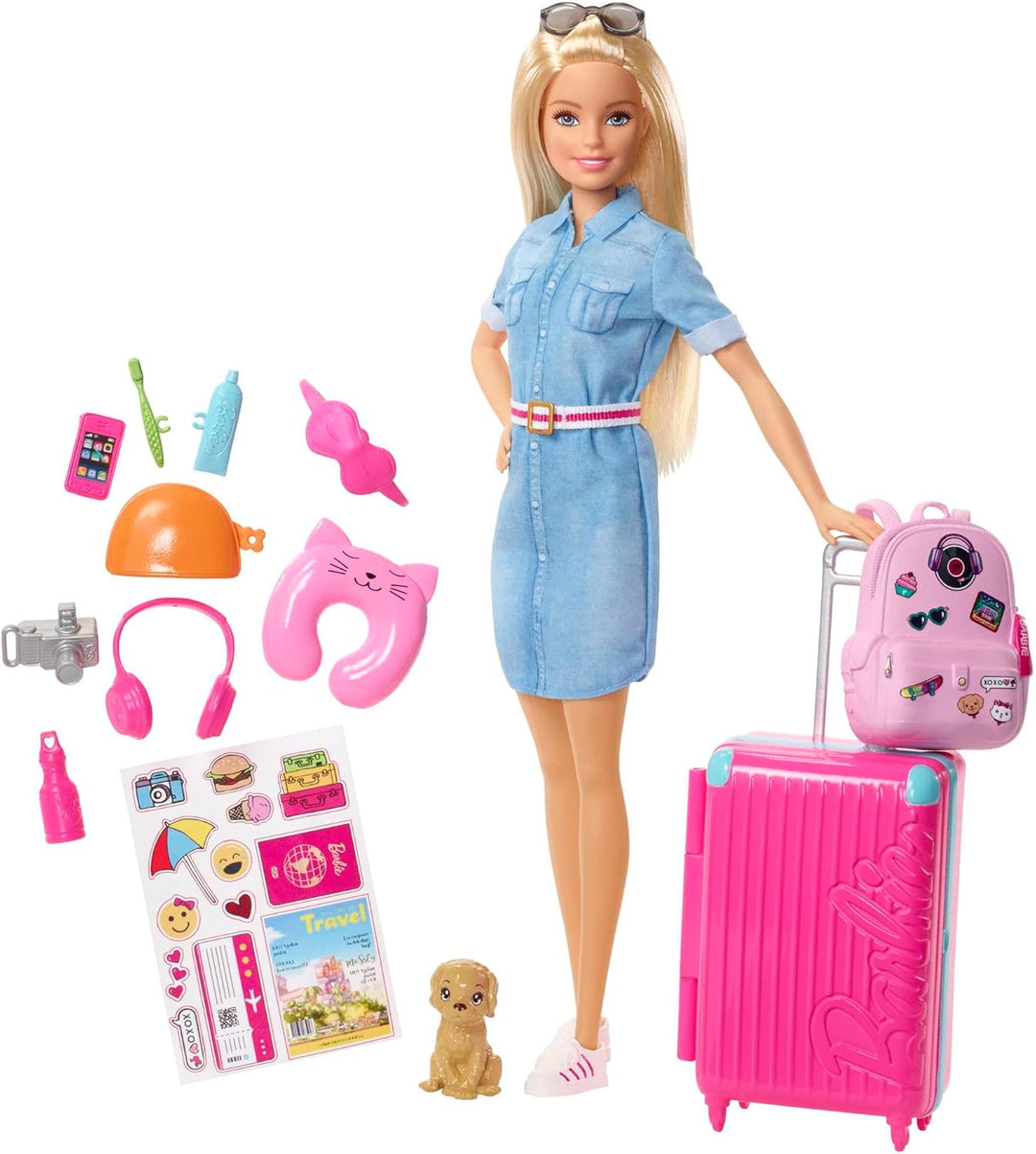 Barbie-Puppe Barbie Dream House Adventures, Reise-Barbie mit blonden Haaren, rosa Koffer, Rucksack,