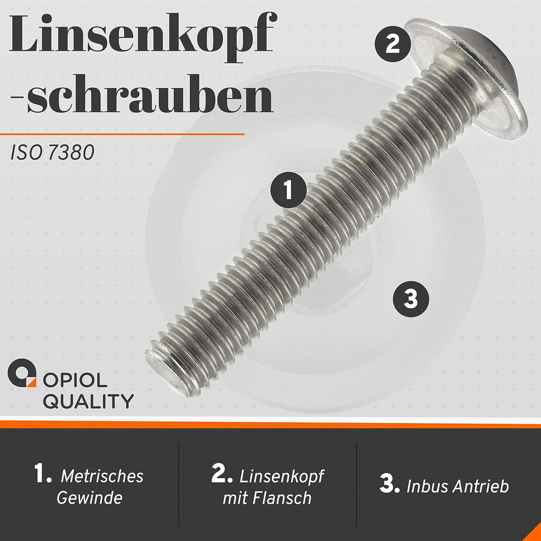 OPIOL QUALITY® Linsenkopfschrauben mit Flansch und Innensechskant ISO 7380 M8x80 mm aus Edelstahl A2