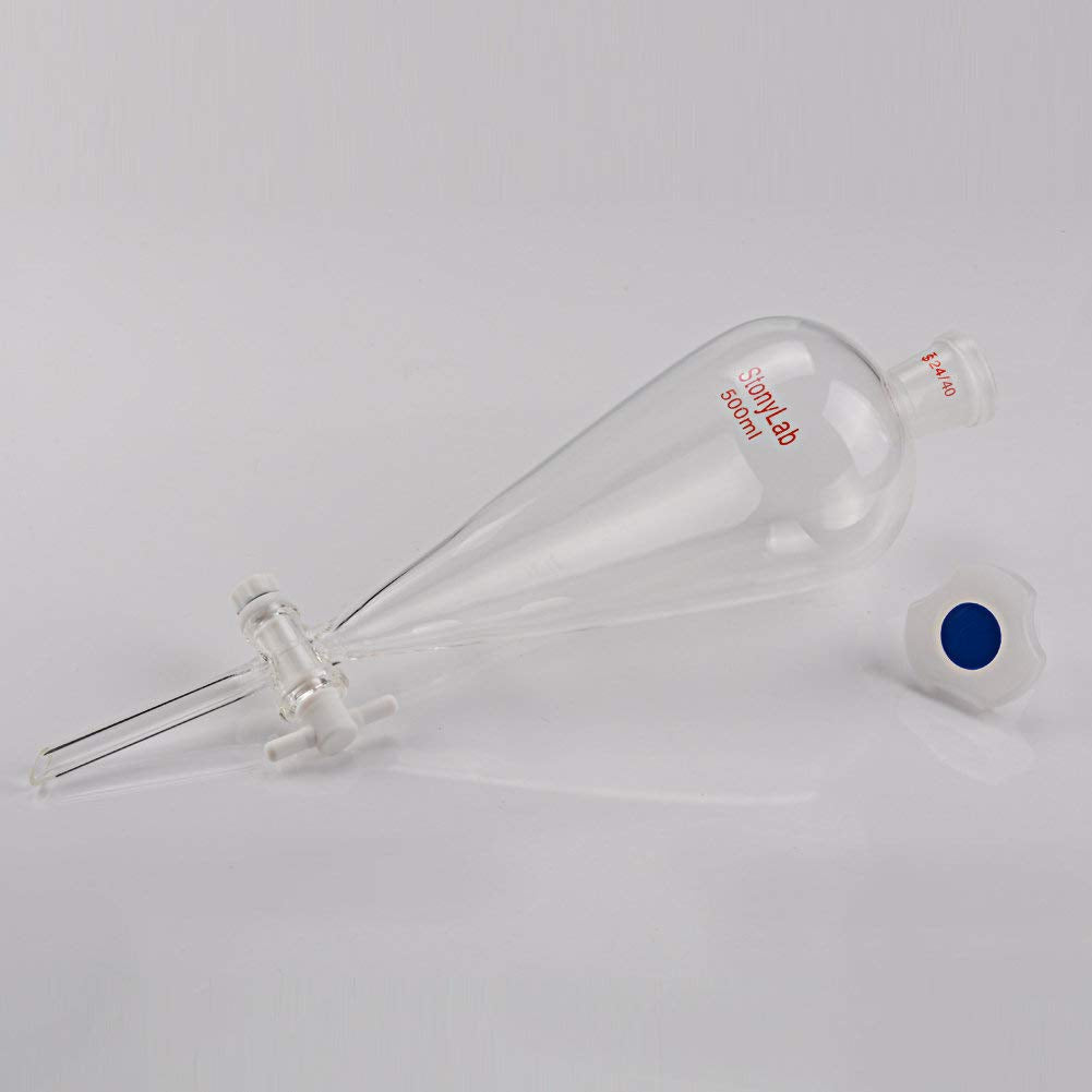 StonyLab 500 ml Trichter aus Borosilikatglas, Separatory Funnel, Schwerwandig Konisch mit 24/40 Gele