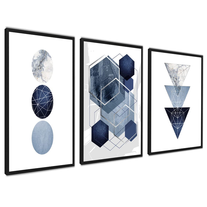 ag.art deco Moderne Poster Set | 3 Stück DIN A4 21x30cm MIT RAHMEN schwarz | Dreiecke und Kreise Tri