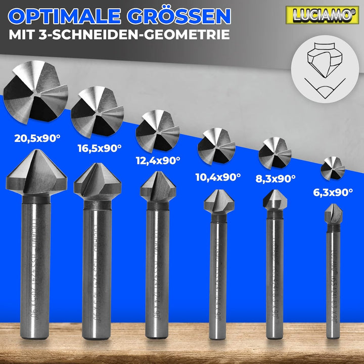 LUCIAMO 6 Stück 90° Profi Senker Set HSS 4241 - für Holz, NE-Metall und Kunststoff - ein Muss für je