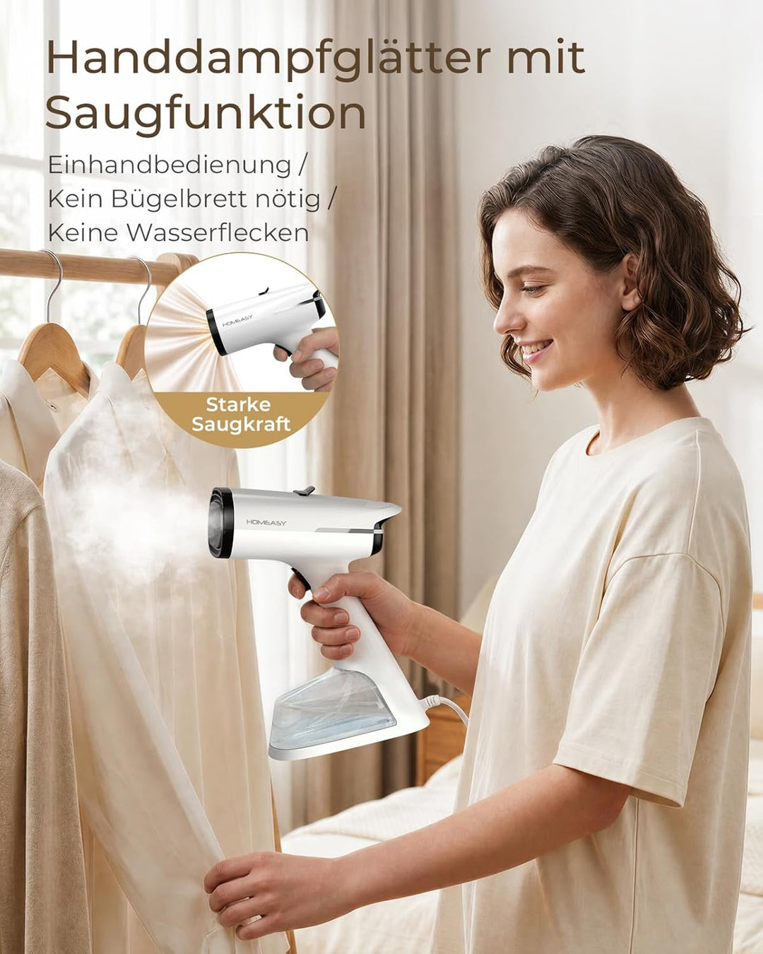 HOMEASY Dampfglätter mit Saugfunktion für Kleidung 6000Pa Vakuum Technologie 25s Schnellaufheizung 2