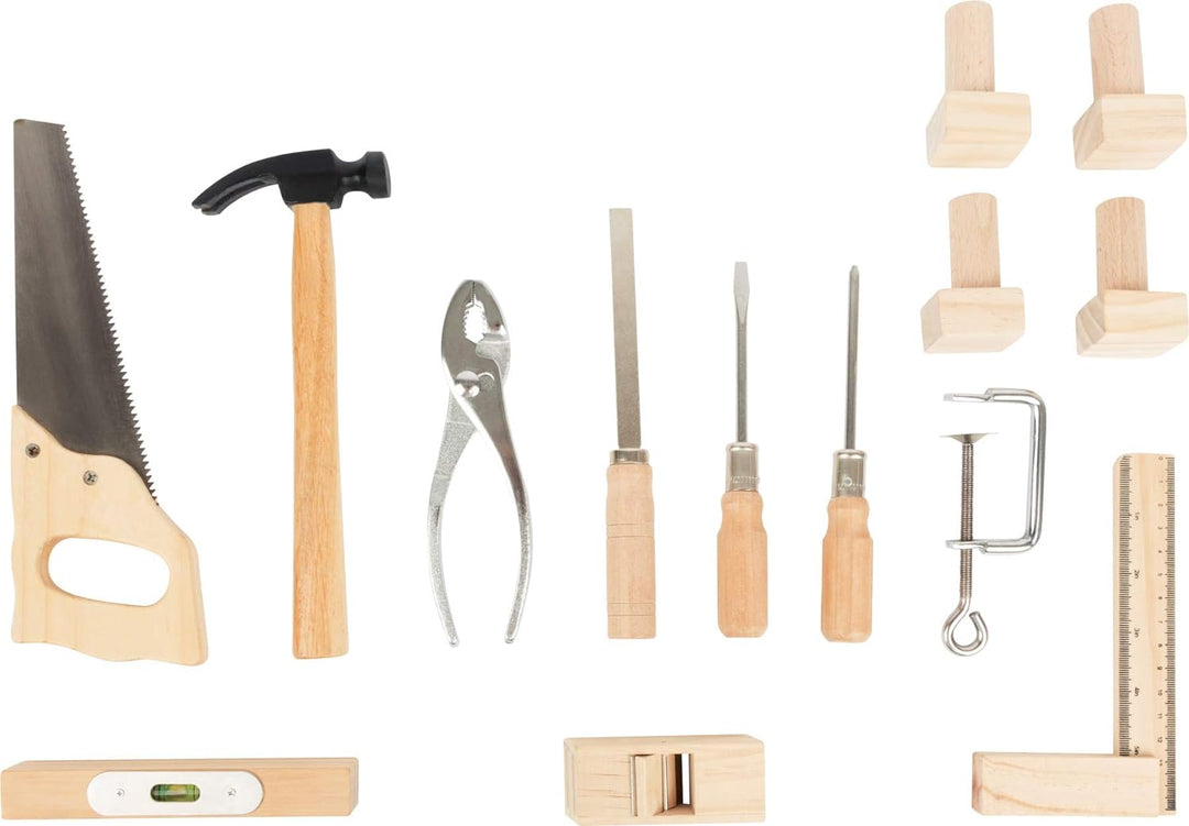 Small Foot Kinder Werkbank in Natur und Blau aus Holz, mit grosser Arbeitsfläche und Werkzeug, ab 8