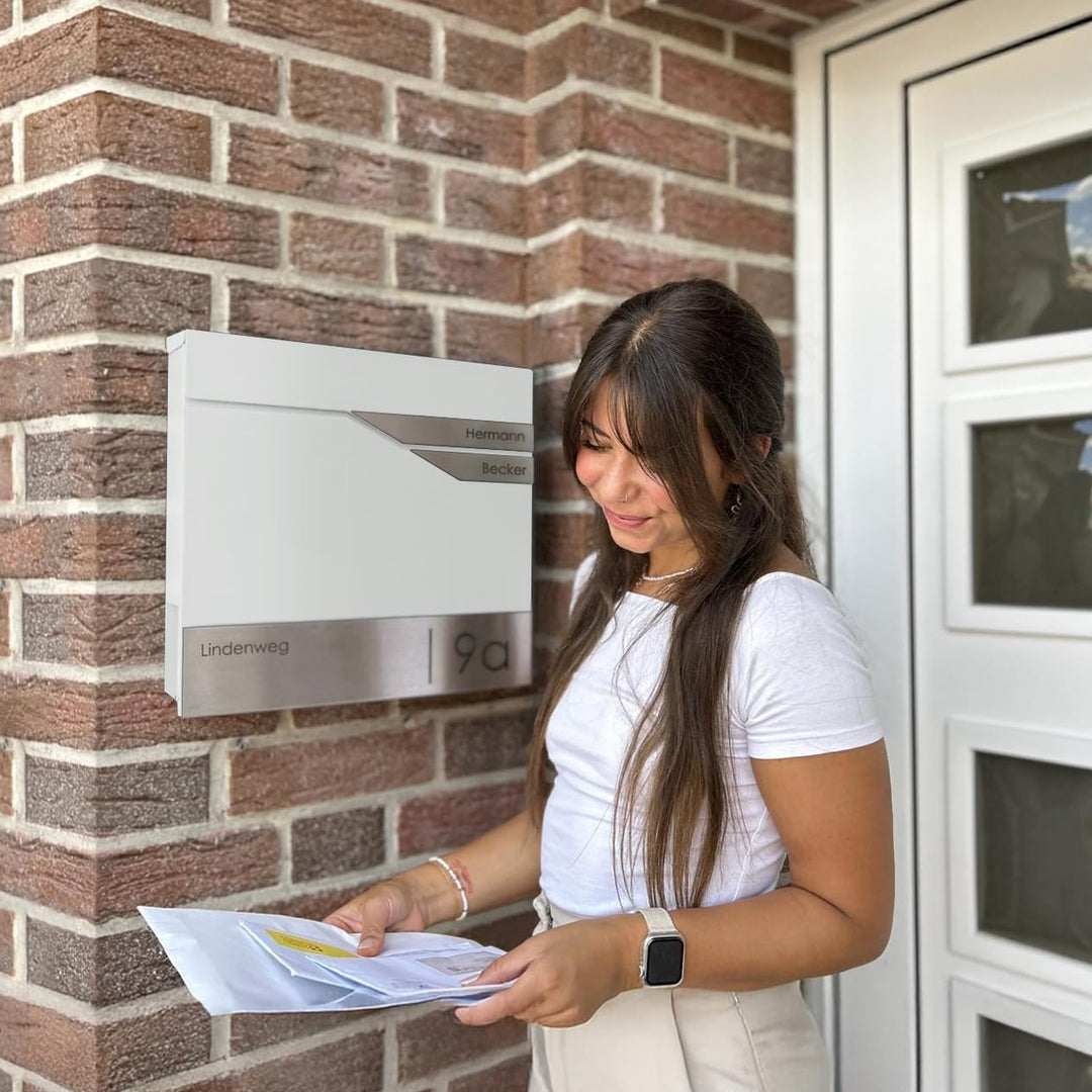 Metzler Briefkasten Weiss 2 Parteien mit Zeitungsfach und Hausnummer – Wandbriefkasten mit Zwei Name
