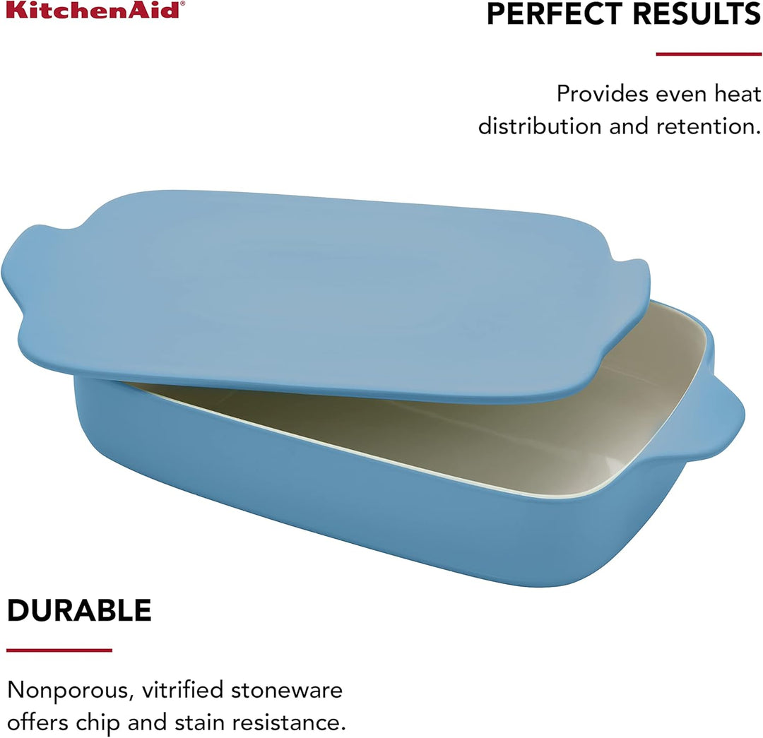 KitchenAid KQ994BXBLA Rechteckige Backform mit Deckel Verglastes Steingut, Blauer Samt Rechteckiger