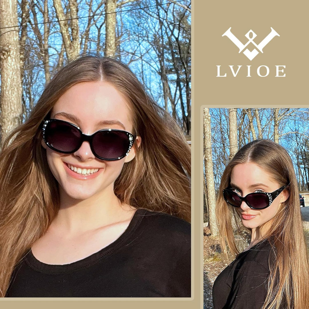 LVIOE Polarisiert Sonnenbrille Damen Gross Schwarz, Klassisch Vintage Sonnenbrille Grosse gläser mit