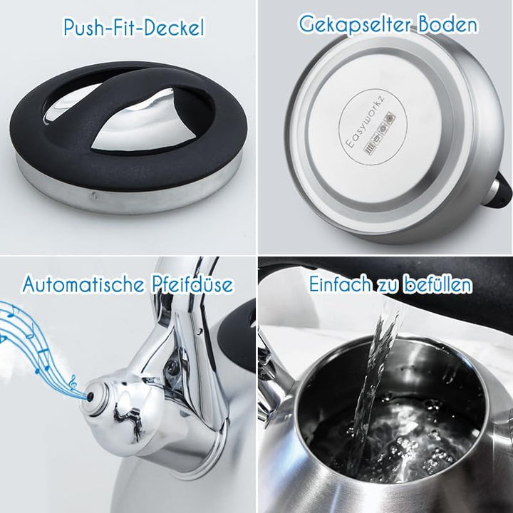 Easyworkz Wasserkessel Induktion Pfeifkessel aus Edelstahl, 2,3 l Teekessel für alle Kochplatten, Fl
