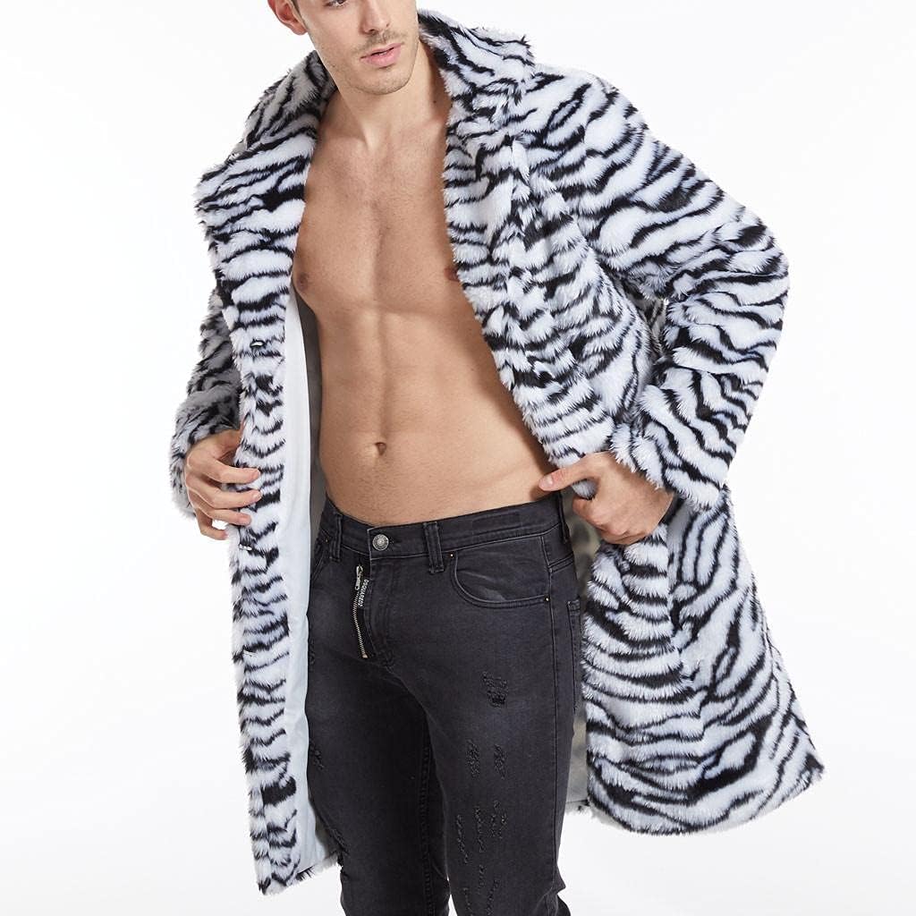 Celucke Pelzmantel Herren Lang Kunstpelz Mantel Leopard Strickjacke Reverskragen Winterjacke Warme V
