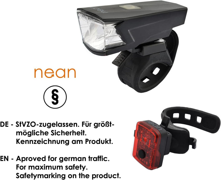 nean LED Akku Fahrradlicht Beleuchtungsset mit StVZO, 30 LUX 5 Candela, Fahrradlampe, Fahrrad Frontl