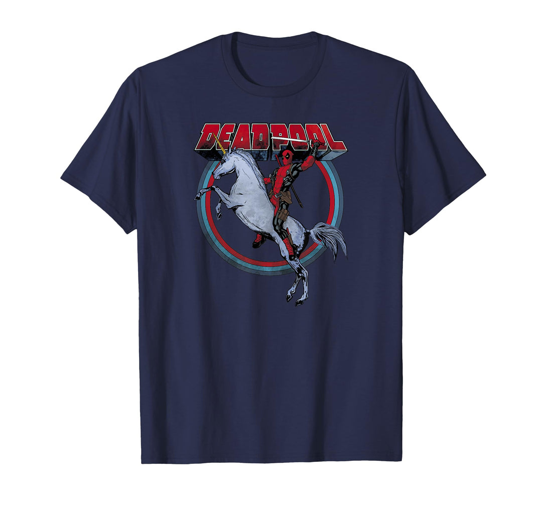 Mens Marvel Deadpool Riding A Unicorn Circle Graphic T-Shirt C1 2XL Navy