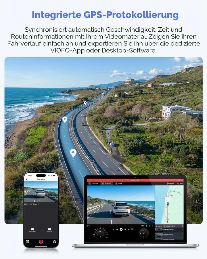 VIOFO A119 V3 Dashcam 2K 60fps mit GPS, 24 Std. Puffer Parkmodus Autokamera, Nur Frontscheibe 2560x1