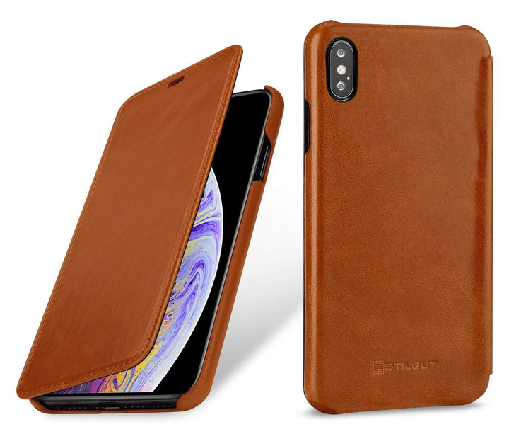 STILGUT Schutz-Hülle kompatibel mit iPhone XS Max Book Type aus Echtleder, Cognac, cognac