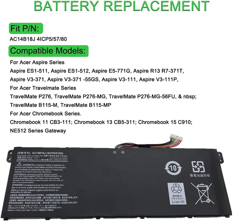 XITAIAN 11.4V 36Wh 3220mAh AC14B18J 4ICP5/57/80 Ersatz Laptop Akku für Acer Chromebook 11 B115-M B11