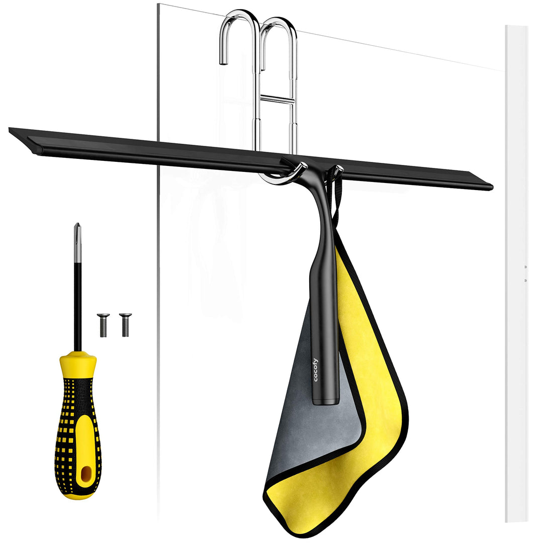 cocofy Duschabzieher schwarz matt breit XXL 45 cm ohne Bohren für Dusche, Fliesen mit Haken, Ersatzg