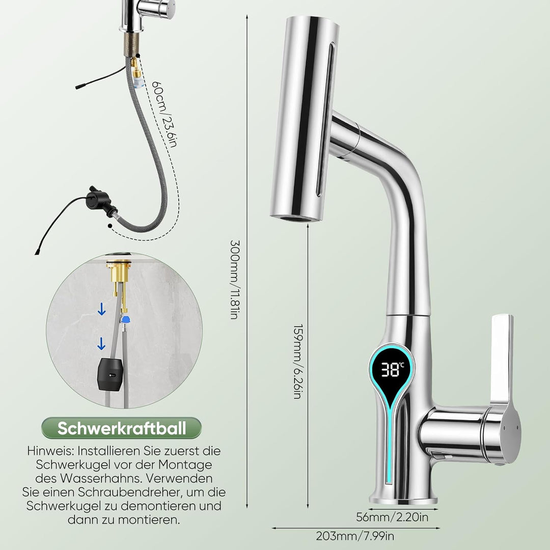 Wasserhahn Küche mit LED Temperaturanzeige, Wasserhahn Küche Ausziehbar, Hochdruck Küchenarmatur mit