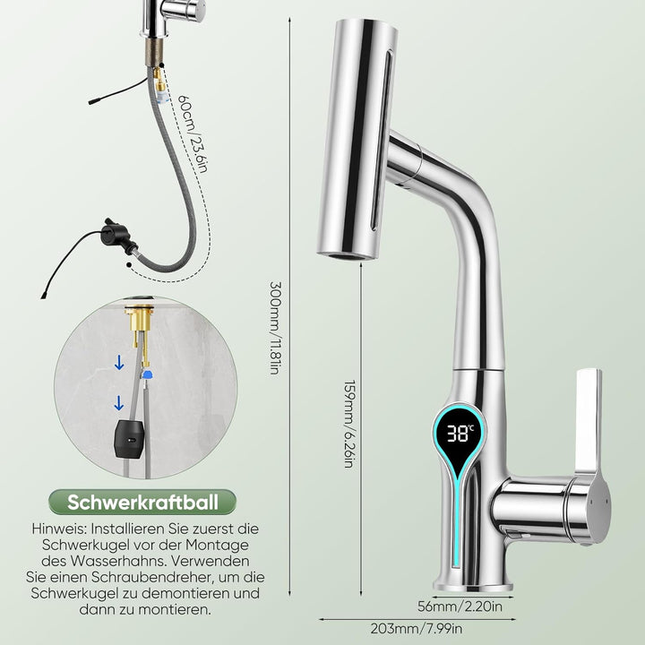 Wasserhahn Küche mit LED Temperaturanzeige, Wasserhahn Küche Ausziehbar, Hochdruck Küchenarmatur mit