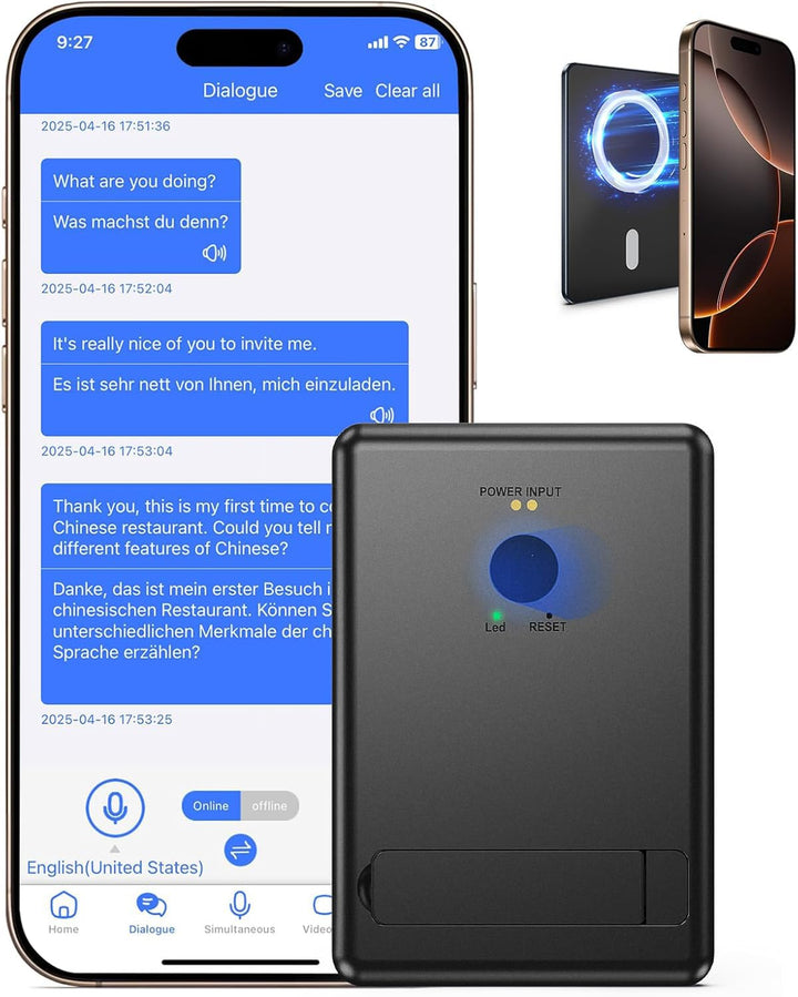 KI Sprachübersetzer Gerät, Ultra dünner Magnet übersetzer für Smartphones, Cross App Übersetzung,144