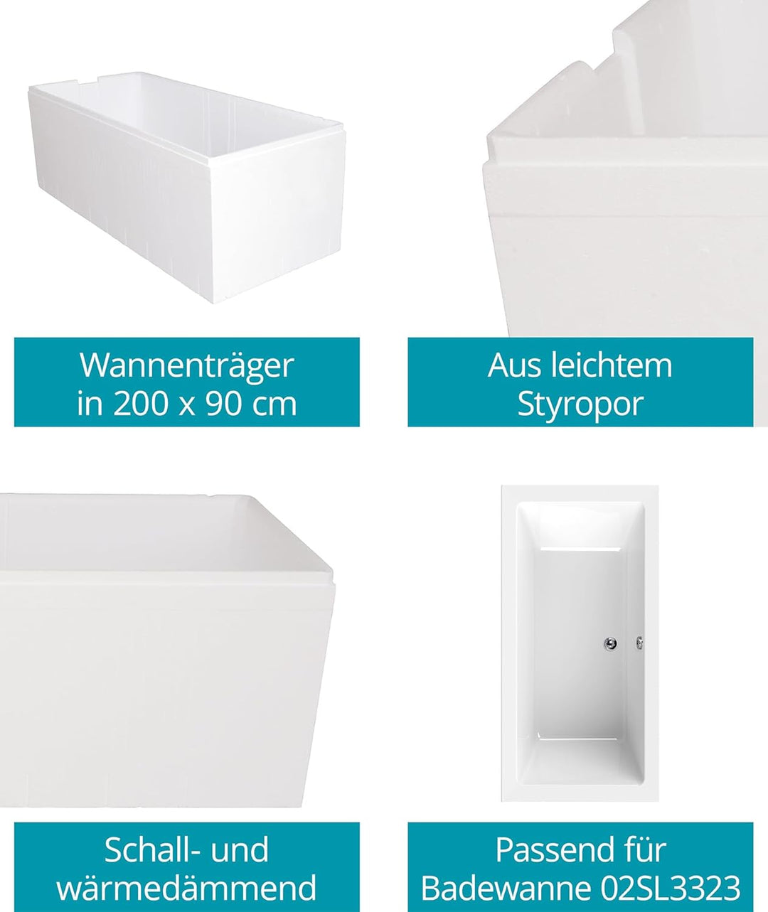 Calmwaters® Wannenträger 200 x 90 cm Modern Square 2, Passend für Rechteck-Badewanne 200x90 cm, Styr