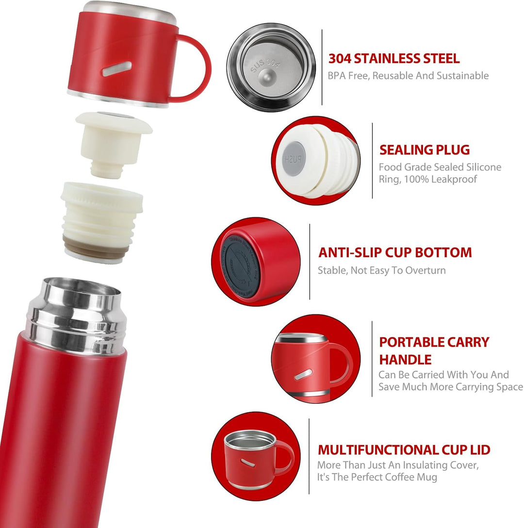 Thermosflasche Edelstahl, Thermoskanne 550ml mit Trinkbecher und Griff, Auslaufsichere Isolierte Tri