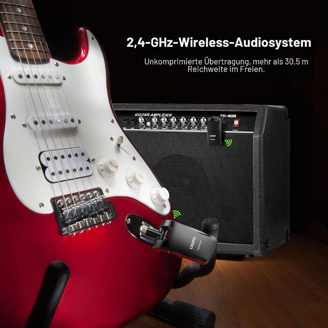 LEKATO Stereo 2.4GHZ Guitar Wireless System Wiederaufladbarer Gitarrensender Empfänger für Gitarren,