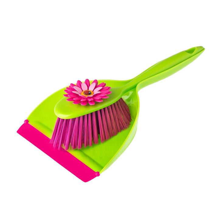 VIGAR Flower Power Kehrgarnitur mit Buntem Handfeger und Kehrblech, ABS, Polypropylen, rosa/grün, 35