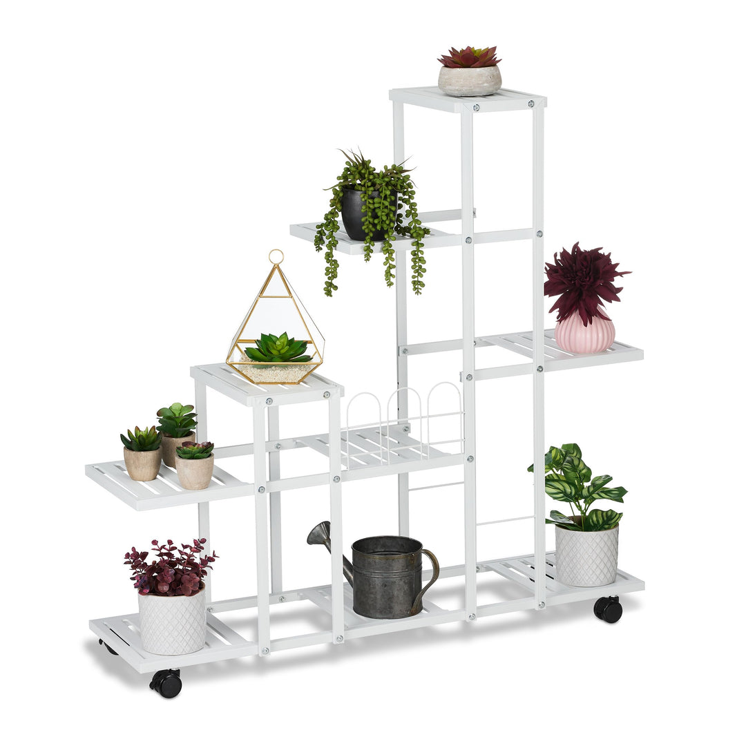 Relaxdays Blumenständer mit Rollen, H x B x T: 91,5 x 93 x 26 cm, Metall, 9 Ablagen, Pflanzenständer
