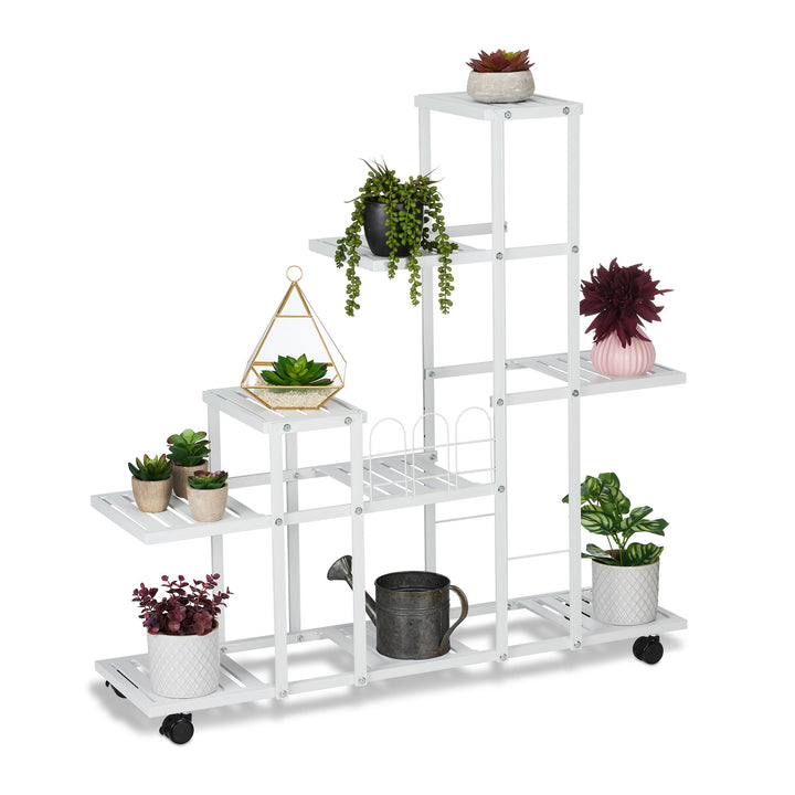 Relaxdays Blumenständer mit Rollen, H x B x T: 91,5 x 93 x 26 cm, Metall, 9 Ablagen, Pflanzenständer