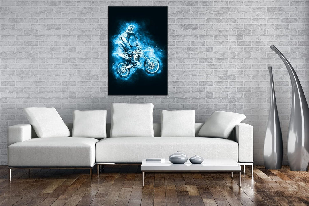deyoli kunterbunter Motorcrossfahrer Format: 80x60 Effekt: Monocrome Blau als Leinwand, Motiv fertig