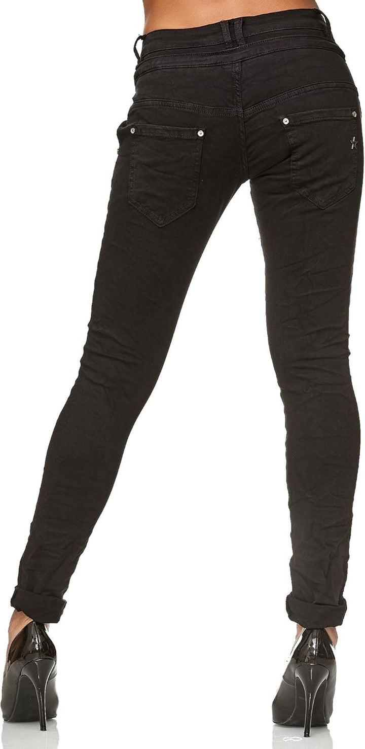Elara Damen Jeans Boyfriend Knopfleiste Chunkyrayan 34 Slim Schwarz, 34 Slim Schwarz