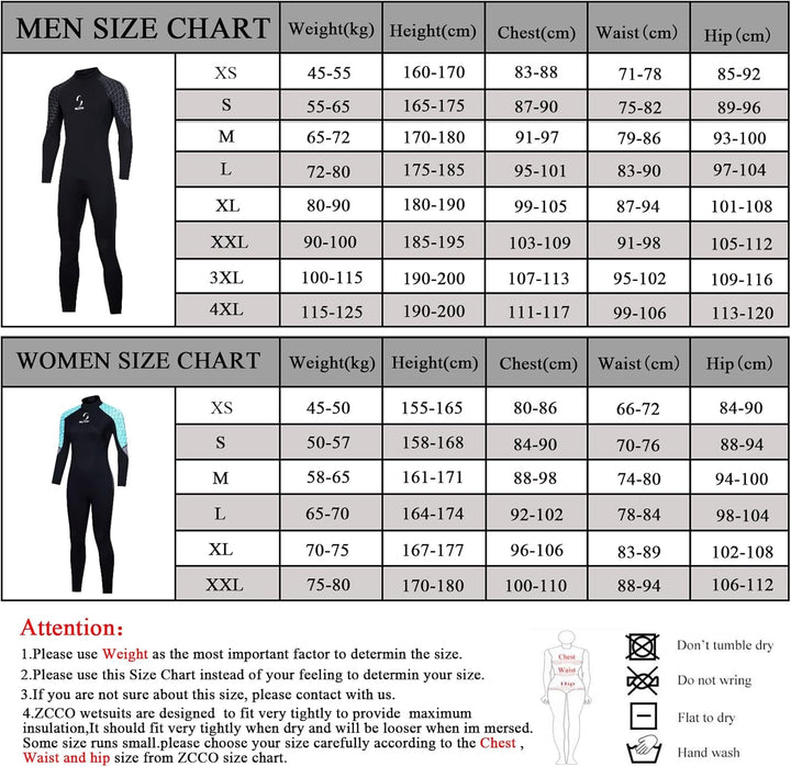 ZCCO Herren-Neoprenanzug, 3 mm Premium Neopren, volle Ärmellänge, Taucheranzug für Spearfishing, Sch