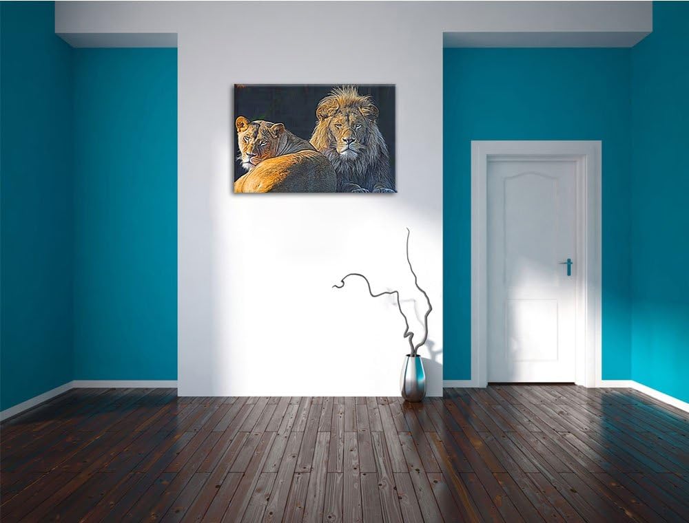 schönes Löwenpaar Deluxe Format: 100x70 cm auf Leinwand, XXL riesige Bilder fertig gerahmt mit Keilr