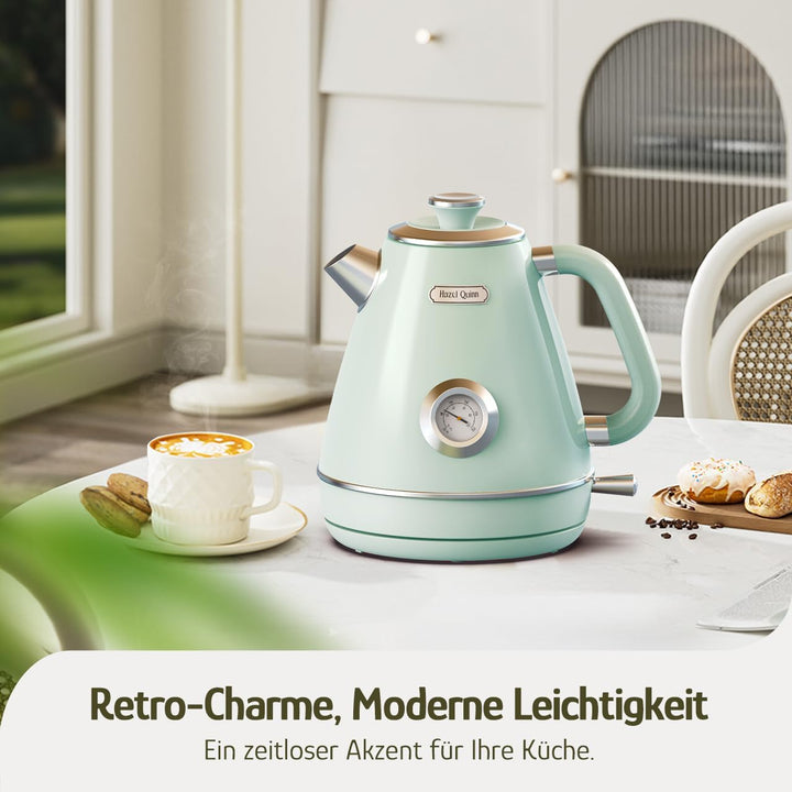 Hazel Quinn Elektrischer Wasserkocher Edelstahl, BPA-frei, Temperaturanzeige, Retro Design, Automati