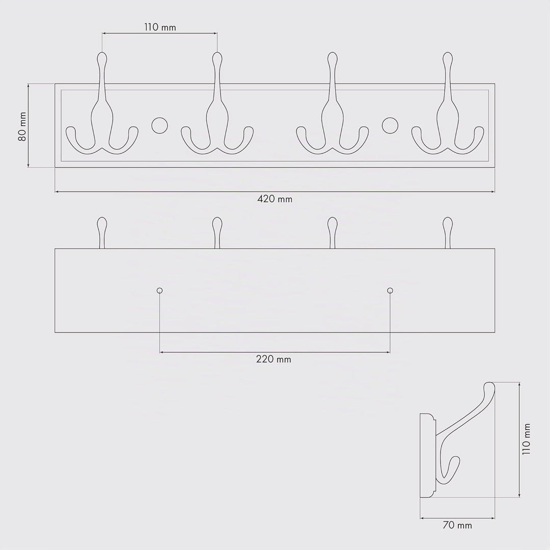 LARHN Garderobenhaken Holz - Garderobenleiste Holz mit 4 Haken in Nickel Matt - 42 cm - Kleiderhaken