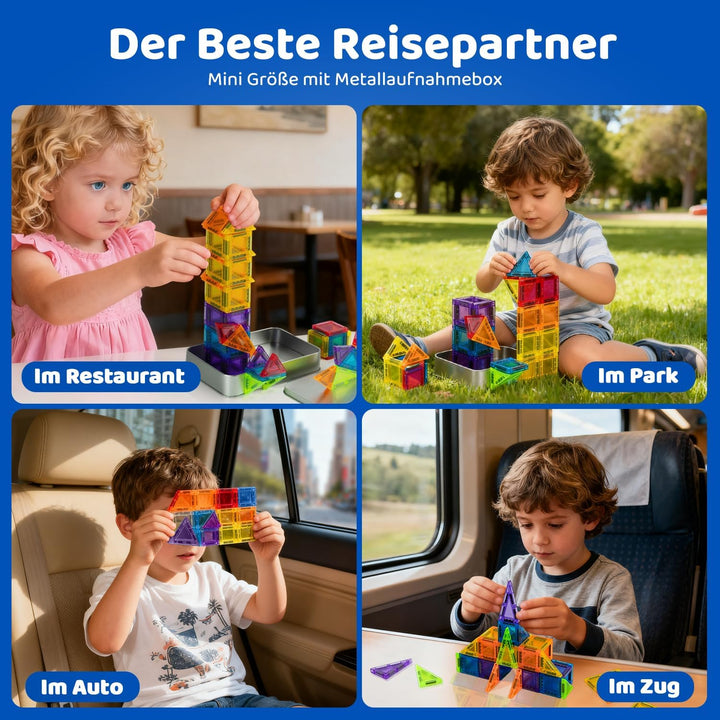 Mini Magnetische Bausteine – 38 Teile Reise-Set im Metallkoffer, Kompatibel mit 7,5 cm Magnetbaustei