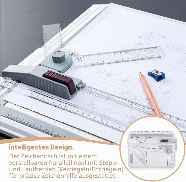 Zeichenbrett A4, DIN Zeichentisch Multifunktionaler Zeichenplatte mit Schiebelineal, Paralleler Bewe